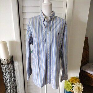 Ralph Lauren Classic Fit long sleeve blue & yellow striped polo‎ logo shirt Sz L
